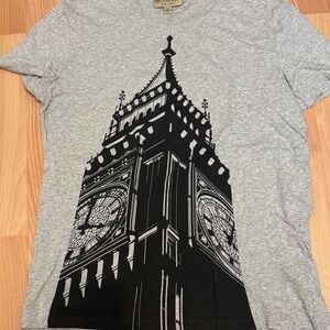 Burberry Gray Short Sleeve Tee with Black Architectural Tower Print